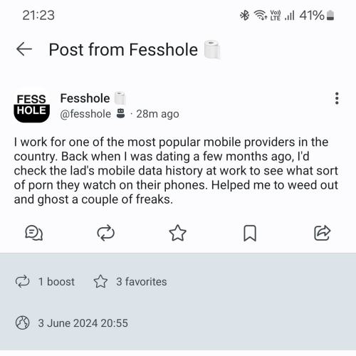 I work for one of the most popular mobile providers in the country. Back when I was dating a few months ago, I'd check the lad's mobile data history at work to see what sort of porn they watch on their phones. Helped me to weed out and ghost a couple of freaks